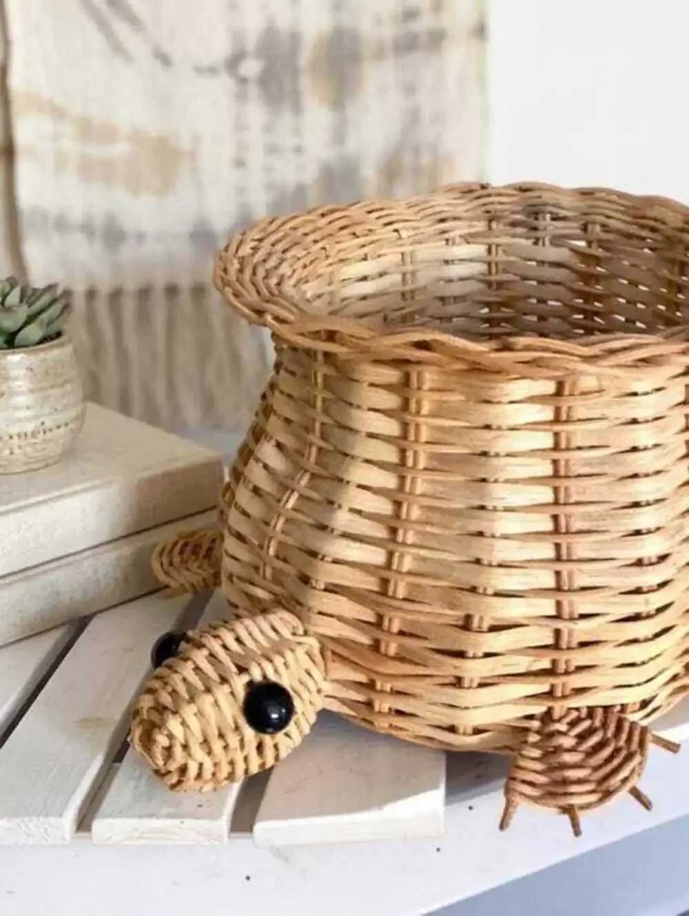 Vintage Wicker Turtle Basket with Black Bead Eyes, Mid-Century Handmade Rattan